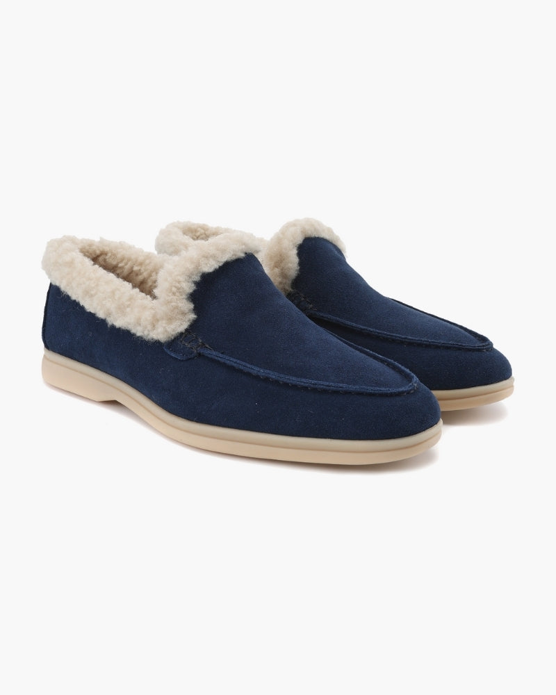 Fur-Lined Premium Loafers front view navy shoe Italian Design