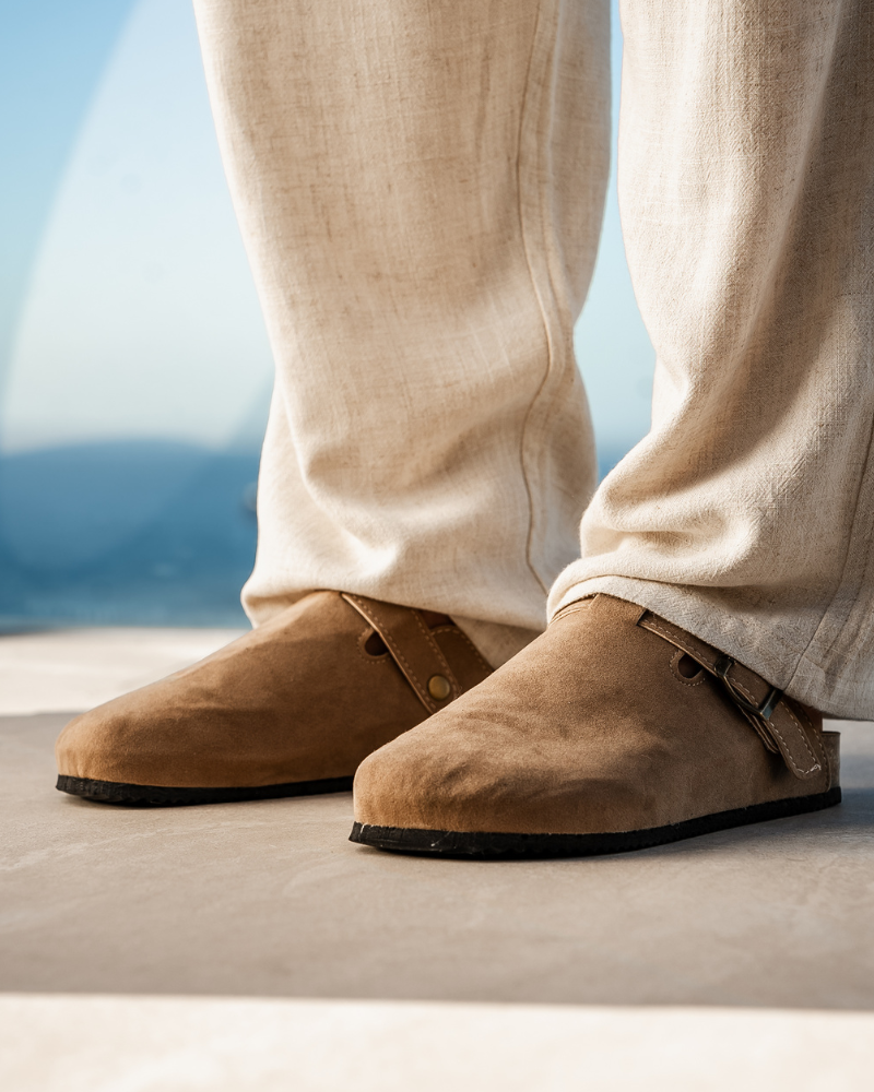 Procida Suede Clog side view brown suede leather insole construction