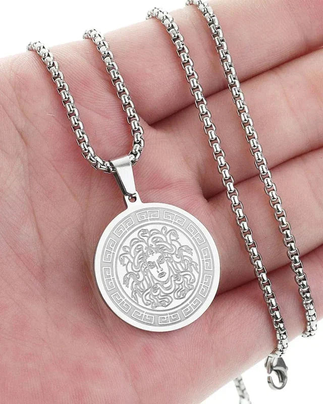 Medusa Long Chain (Gold & Silver) on-body view silver piece Italian Design