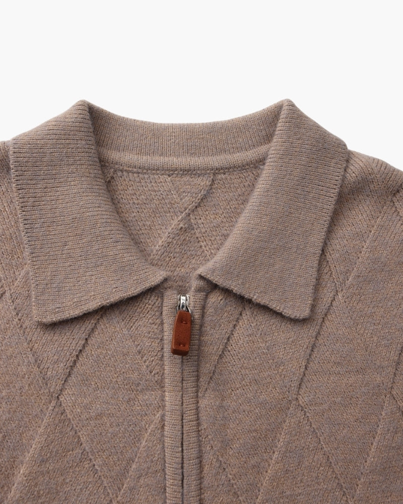 Heritage Diamond Knit Zip Cardigan detail view mocha knitwear Italian Design