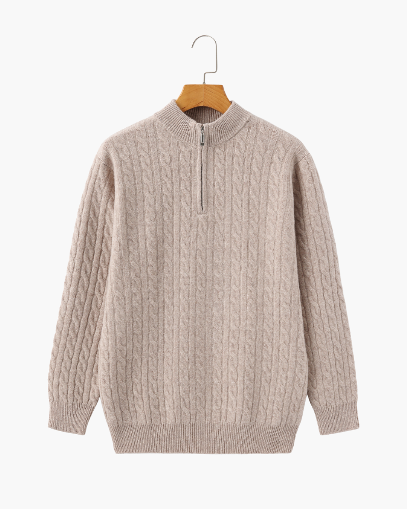100% Cashmere Woven Half Zip on-body view beige cashmere Italian Design