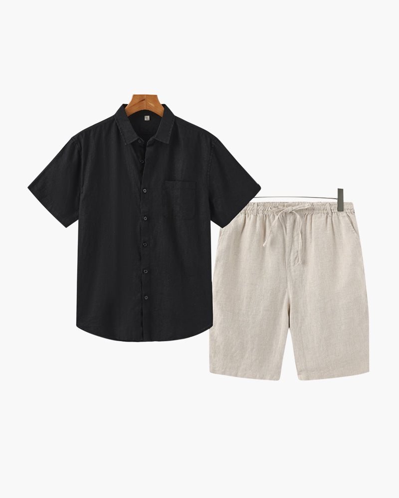 Taormina Linen Set green short sleeve linen shirt beige shorts coordinated set front view