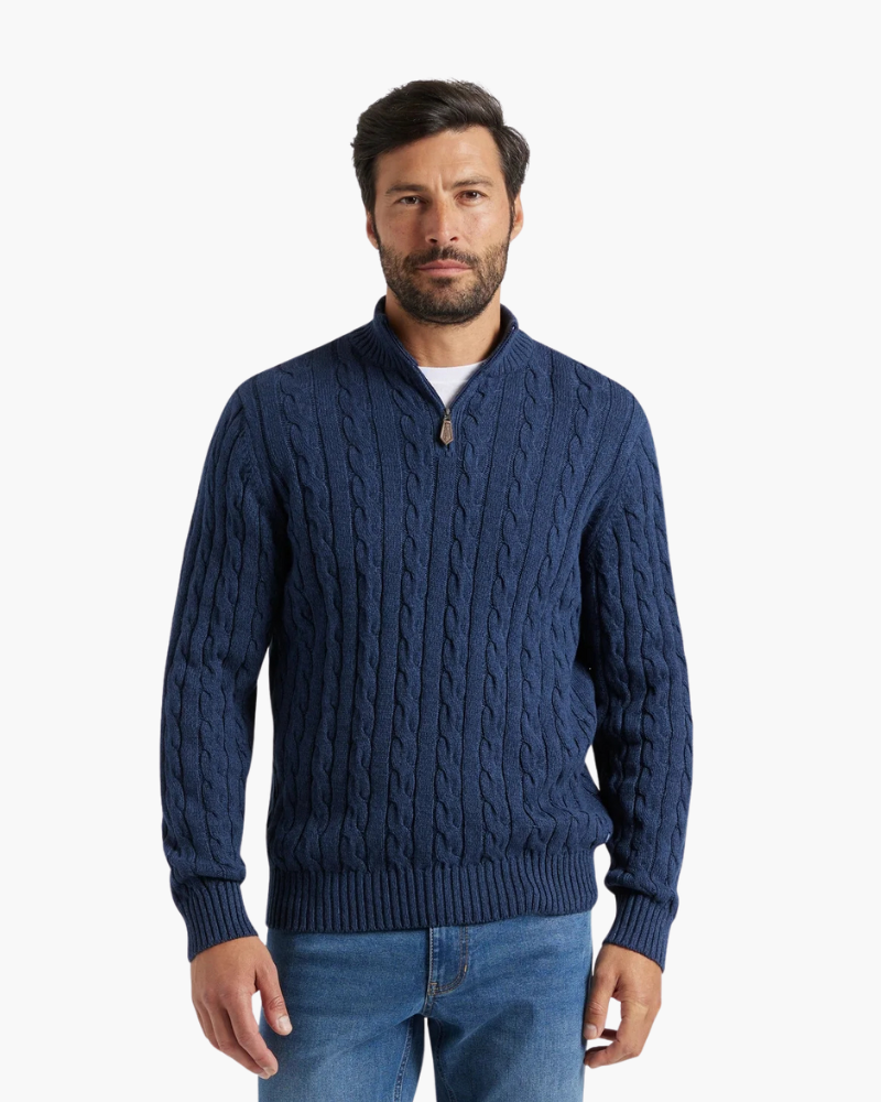 Fiesole Half Zip Sweater front view light blue spun cotton neutral background