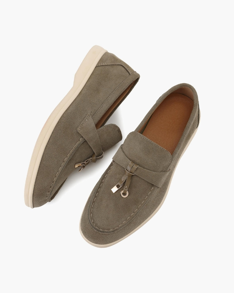 Gaeta Suede Loafer side profile olive suede leather insole natural light