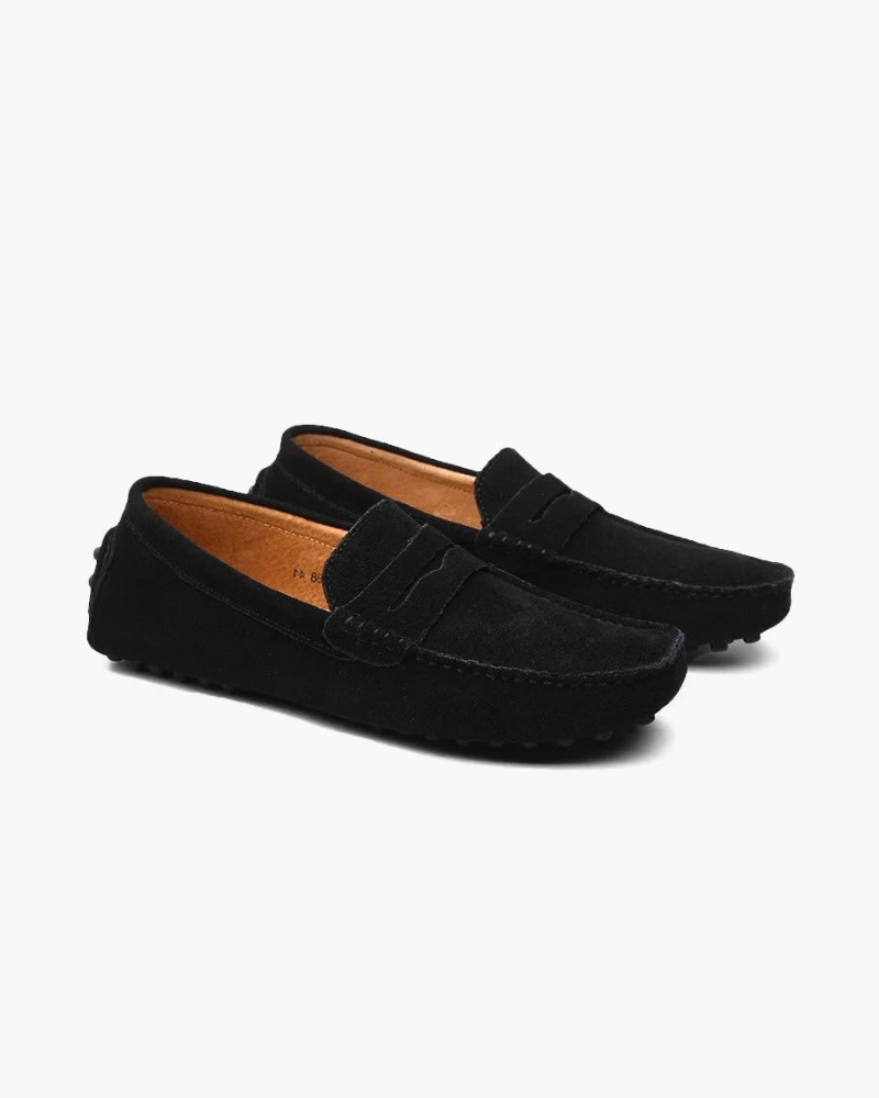 Tropea Suede Driver Loafer on-body view caramel suede driver loafer editorial