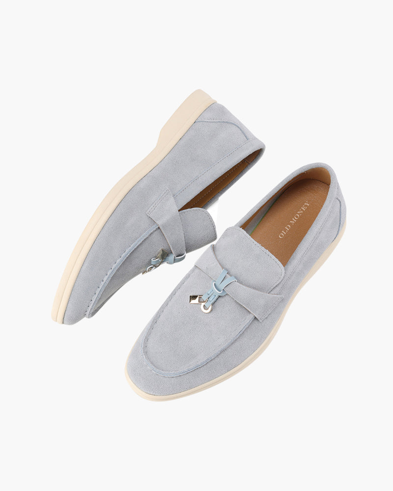 Gaeta Suede Loafer angled view beige suede slip-on natural light