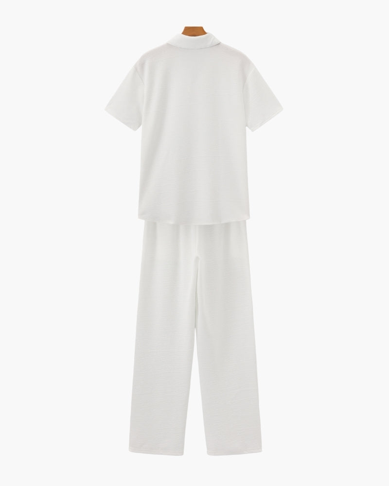 Salerno Cotton Set front view white polo and trouser matching cotton set