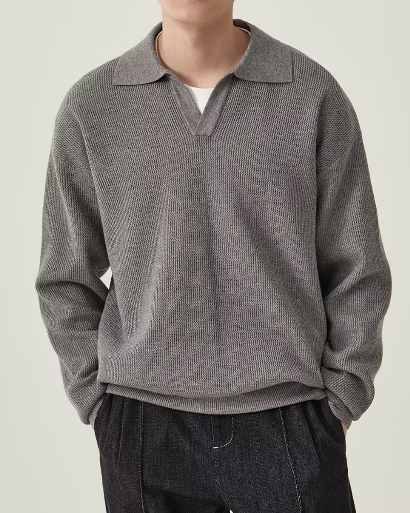 Textured Knit Polo Sweater front view black knitwear Italian Design