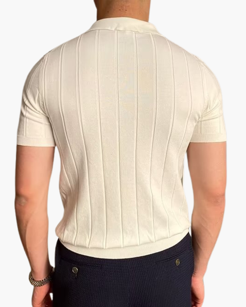 Arezzo Cotton Polo on-body view black ribbed polo collar open placket Pianizzo