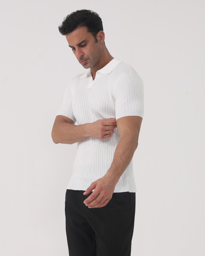 Lucca Cotton Polo on-body view white ribbed polo collar short sleeve editorial