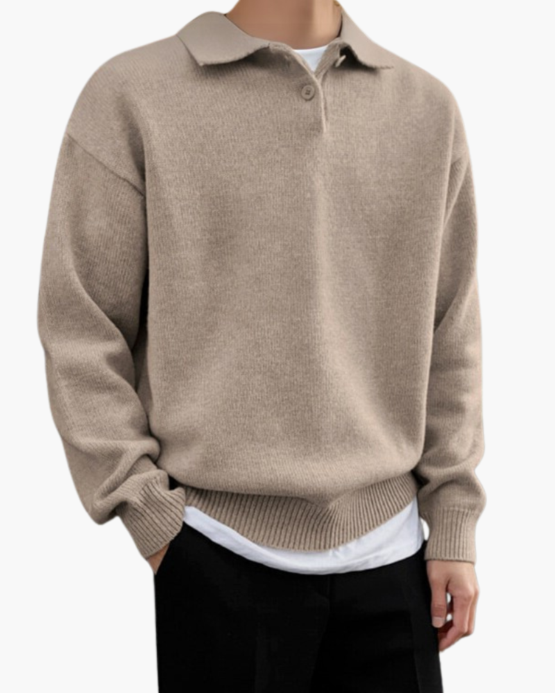 Trento Wool Sweater front view beige 100% wool half-zip button placket studio