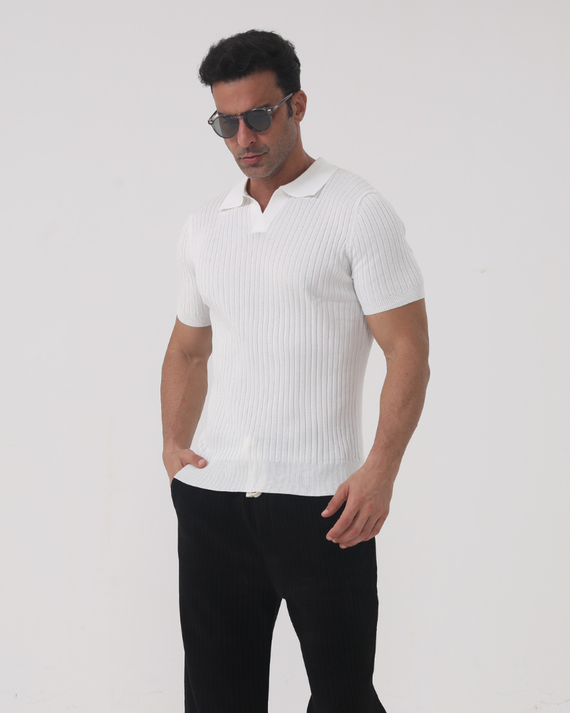 Lucca Cotton Polo beige ribbed cotton polo shirt on-body view Italian Design Pianizzo