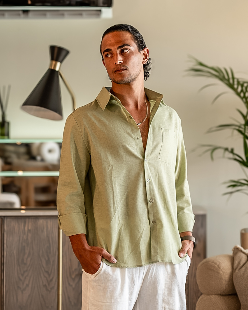 Genova Linen Shirt front view black linen collar button-through placket