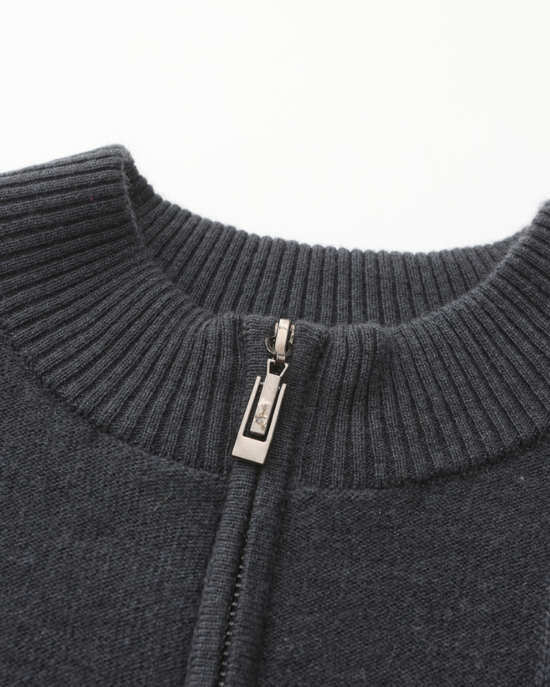 100% Cashmere Ribbed Half Zip craft detail dark gray cashmere Italian Design