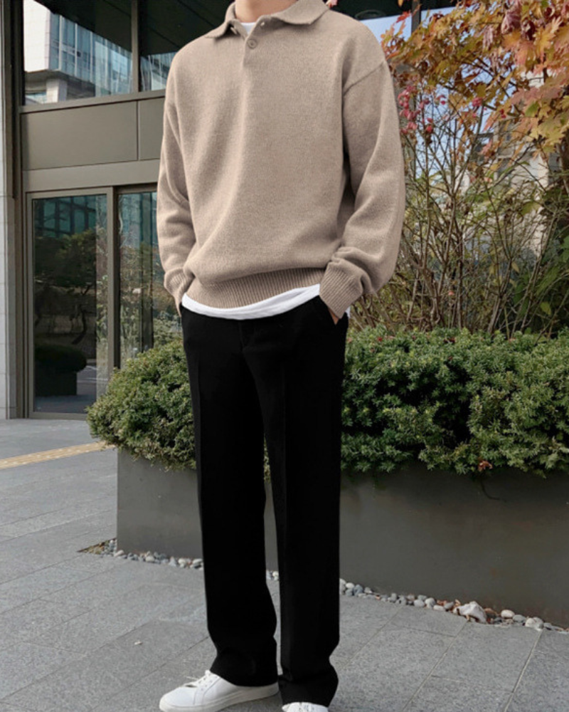 Trento Wool Sweater on-body view beige wool half-zip sweater fall winter editorial