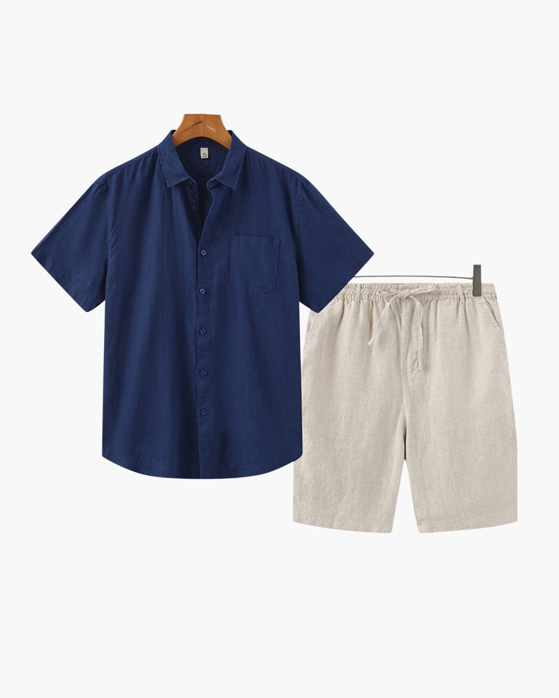 Taormina Linen Set blue linen shirt black shorts matching set front view editorial