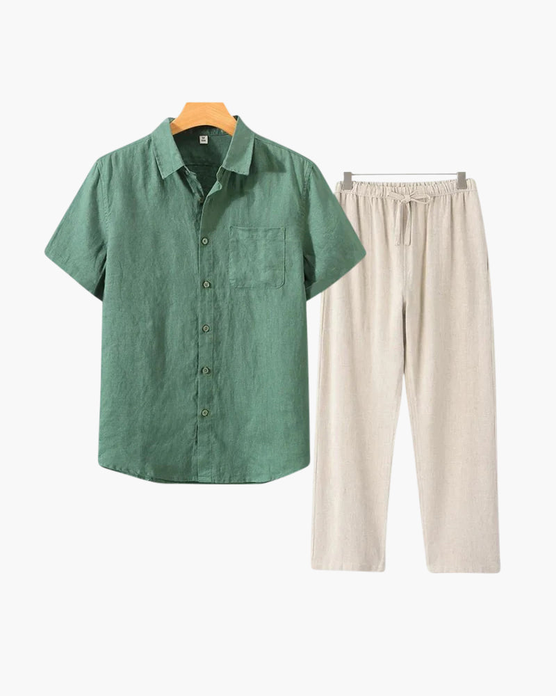Marsala Linen Set blue short sleeve linen shirt beige trouser matching set view