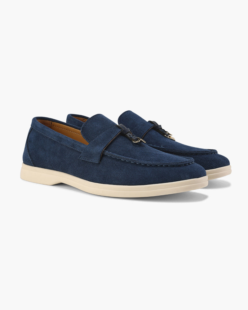 Gaeta Suede Loafer on-body view fog blue suede editorial styling