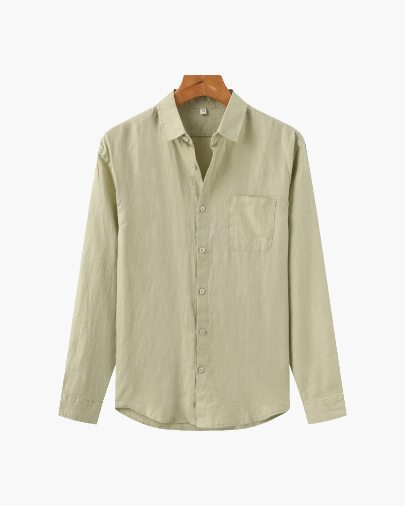 Genova Linen Shirt on-body side view gray linen travel wear editorial