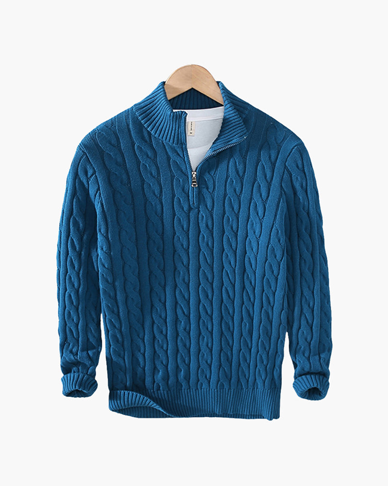Fiesole Half Zip Sweater on-body three-quarter view marine cotton Italian Design