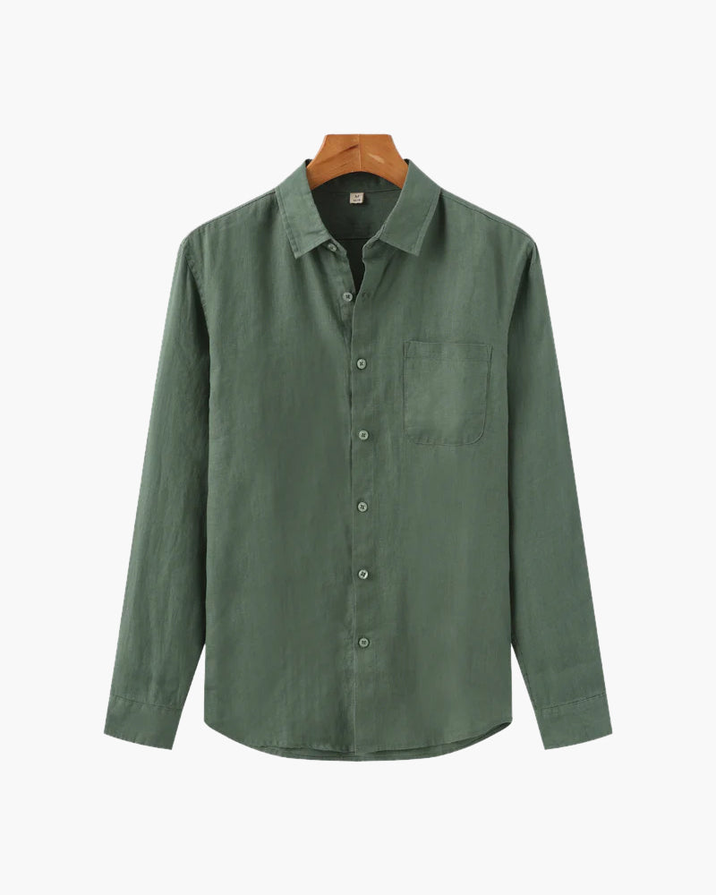 Genova Linen Shirt front view white linen button placket minimal