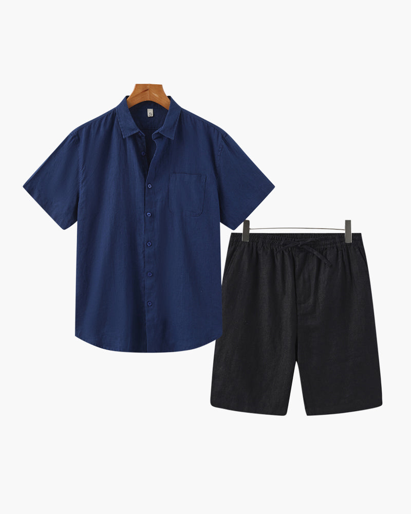 Taormina Linen Set on-body view blue short sleeve linen shirt and shorts outdoor