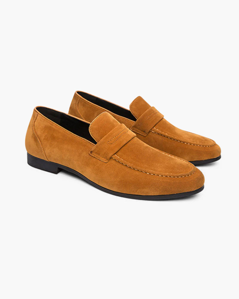 Ferrara Suede Loafer on-body view caramel suede loafer business casual editorial