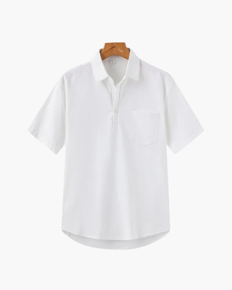 Trieste Linen Polo black linen polo shirt front view clean minimal Italian Design