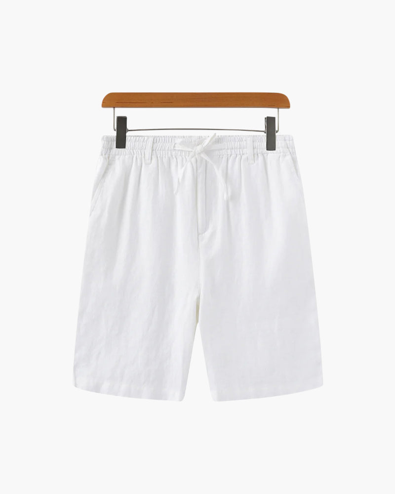 Ischia Linen Shorts on-body view beige linen shorts clean waistband editorial