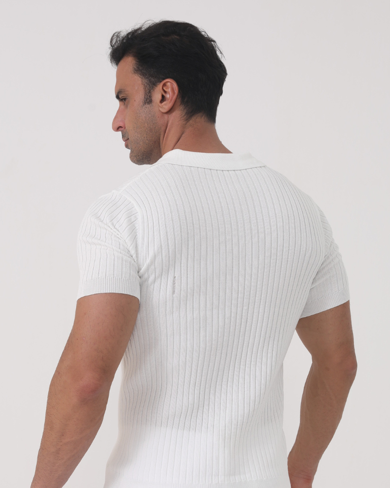 Lucca Cotton Polo black ribbed cotton polo shirt front view clean minimal styling