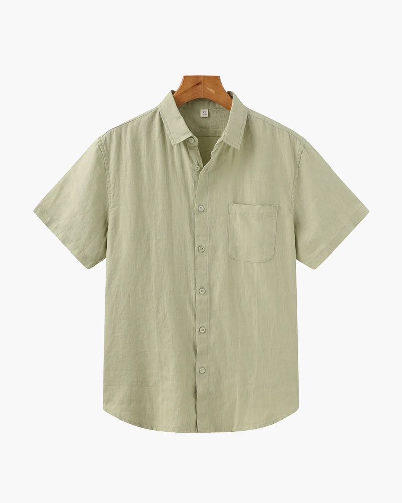 Rimini Linen Shirt green short sleeve linen shirt front view outdoor natural light