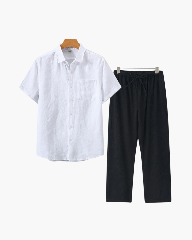 Marsala Linen Set black short sleeve linen shirt and trouser tonal matching set