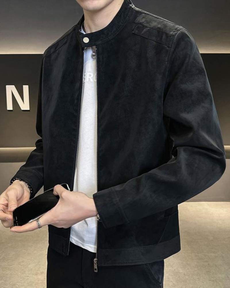 Estate Suede Leather Jacket on-body view black suede Italian Design