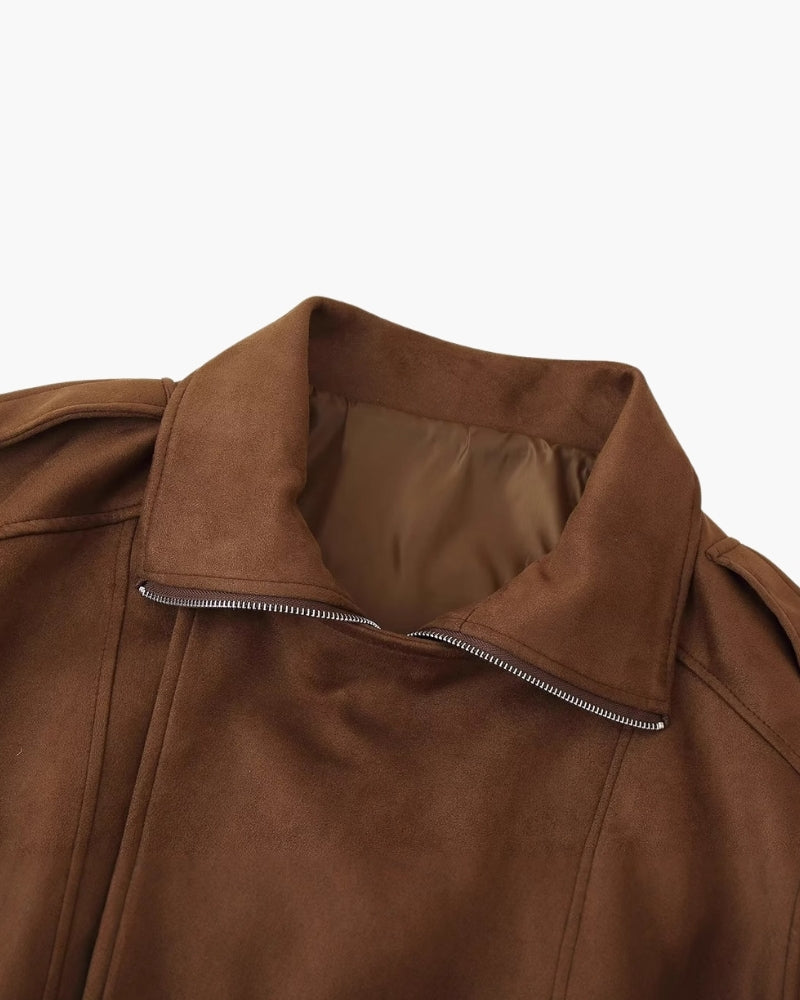 Vintage Suede Drape Jacket styling view dark brown suede Italian Design
