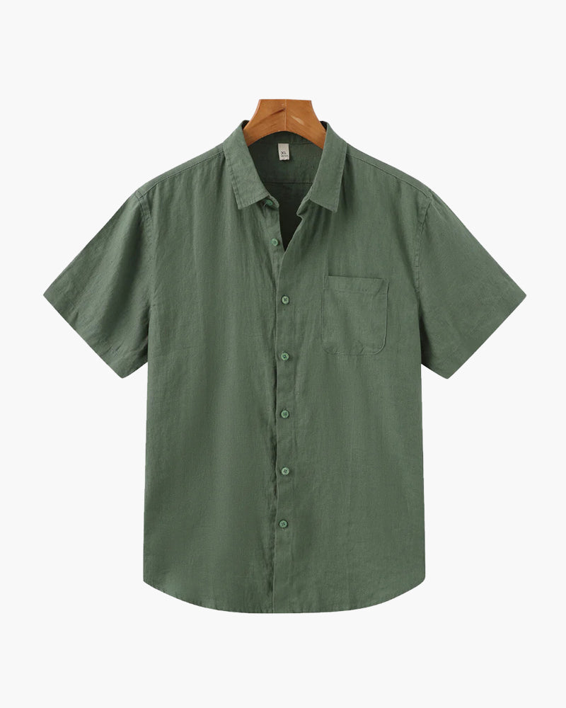 Rimini Linen Shirt blue short sleeve linen shirt on-body smart casual view