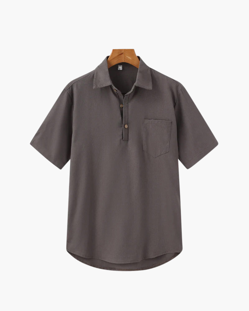 Trieste Linen Polo detail view polo collar placket and linen texture close-up