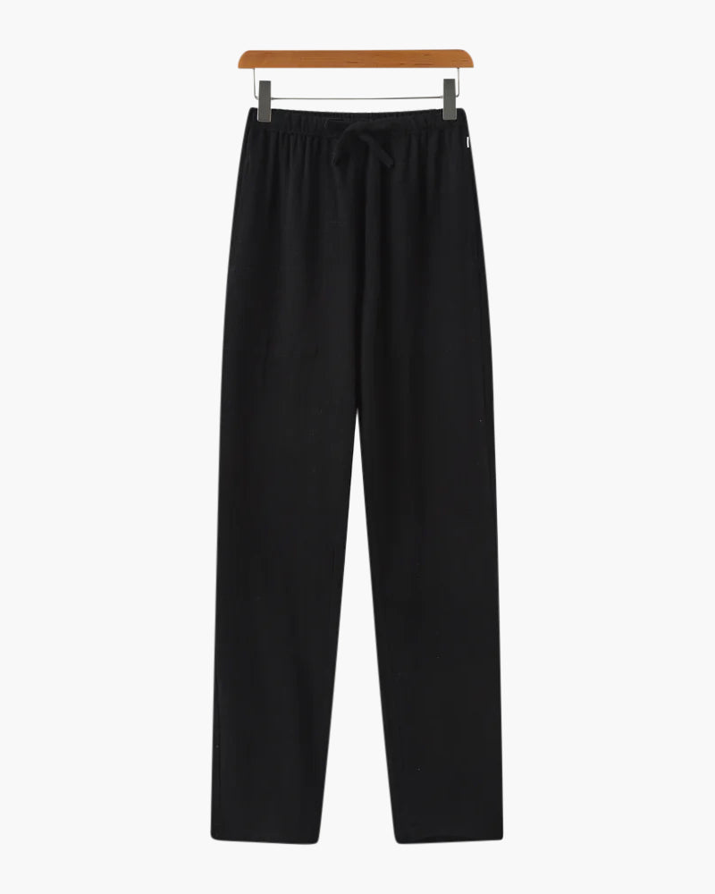 Perugia Linen Trouser gray slim fit linen trouser on-body editorial outdoor view