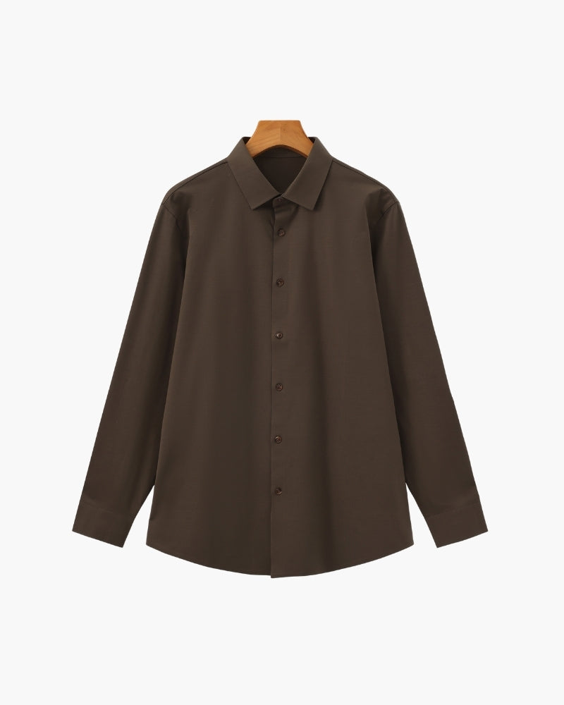 Tailored Cotton Flex Shirt editorial view dark brown cotton Italian Design