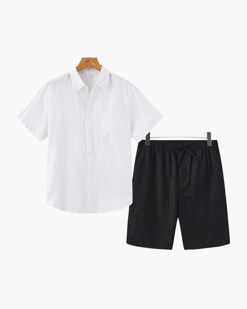 Taormina Linen Set detail view button-front placket shirt collar and shorts waistband