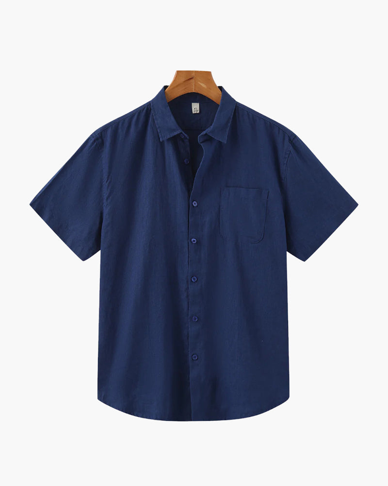 Rimini Linen Shirt black short sleeve linen shirt front view structured collar detail