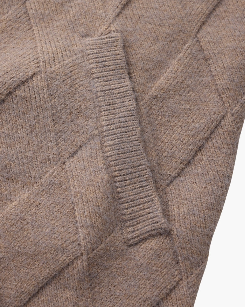 Heritage Diamond Knit Zip Cardigan styling view mocha knitwear Italian Design