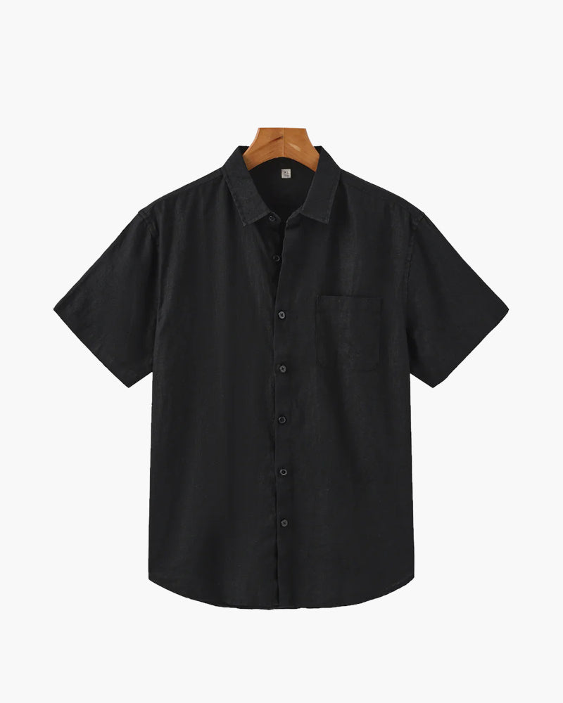 Rimini Linen Shirt back view beige short sleeve linen shirt clean seam construction