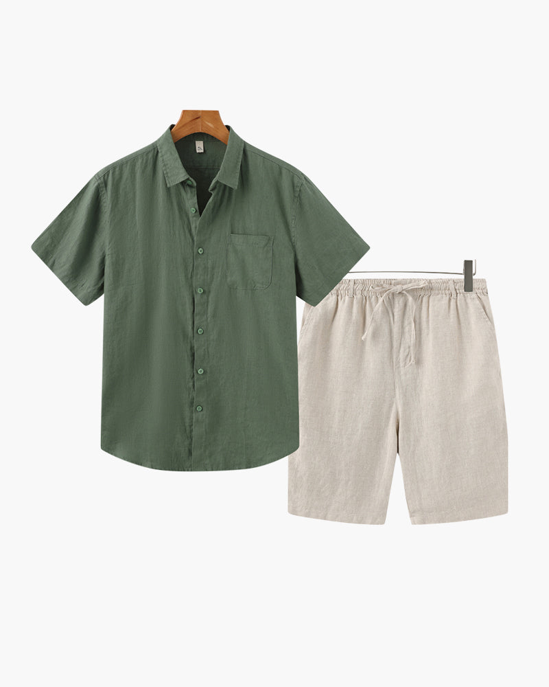 Taormina Linen Set close-up linen texture shirt cuff and shorts hem construction detail
