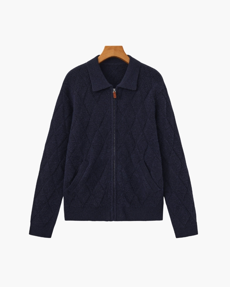 Heritage Diamond Knit Zip Cardigan on-body view mocha knitwear Italian Design