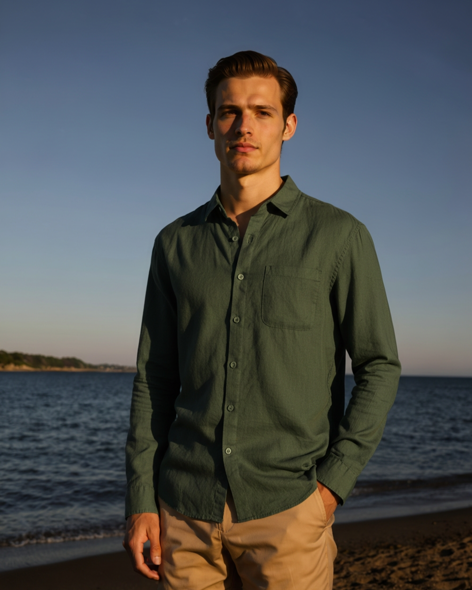Genova Linen Shirt on-body front view white linen summer styling