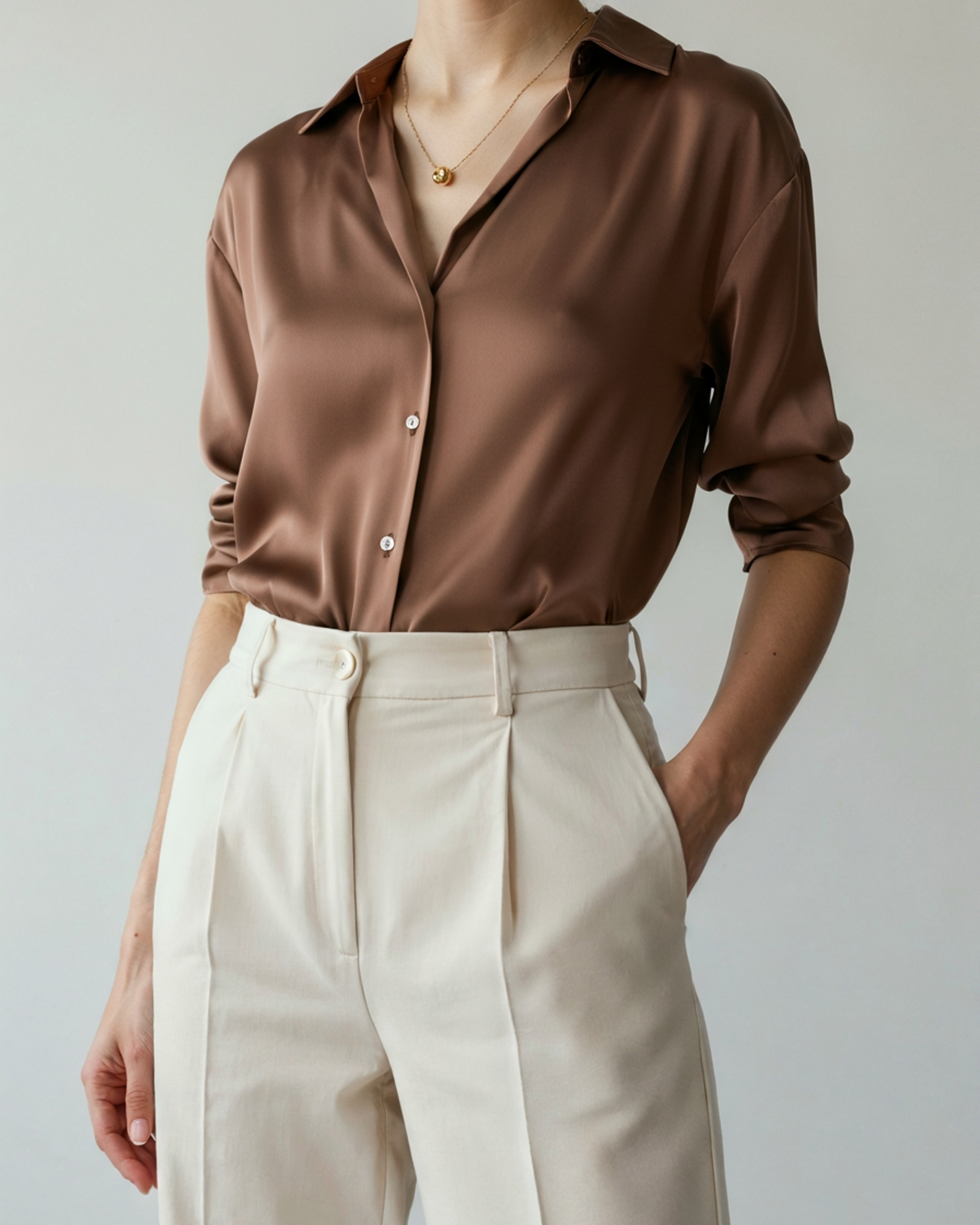 Classic Chic Shirt on-body view sandy brown shirt Italian Design