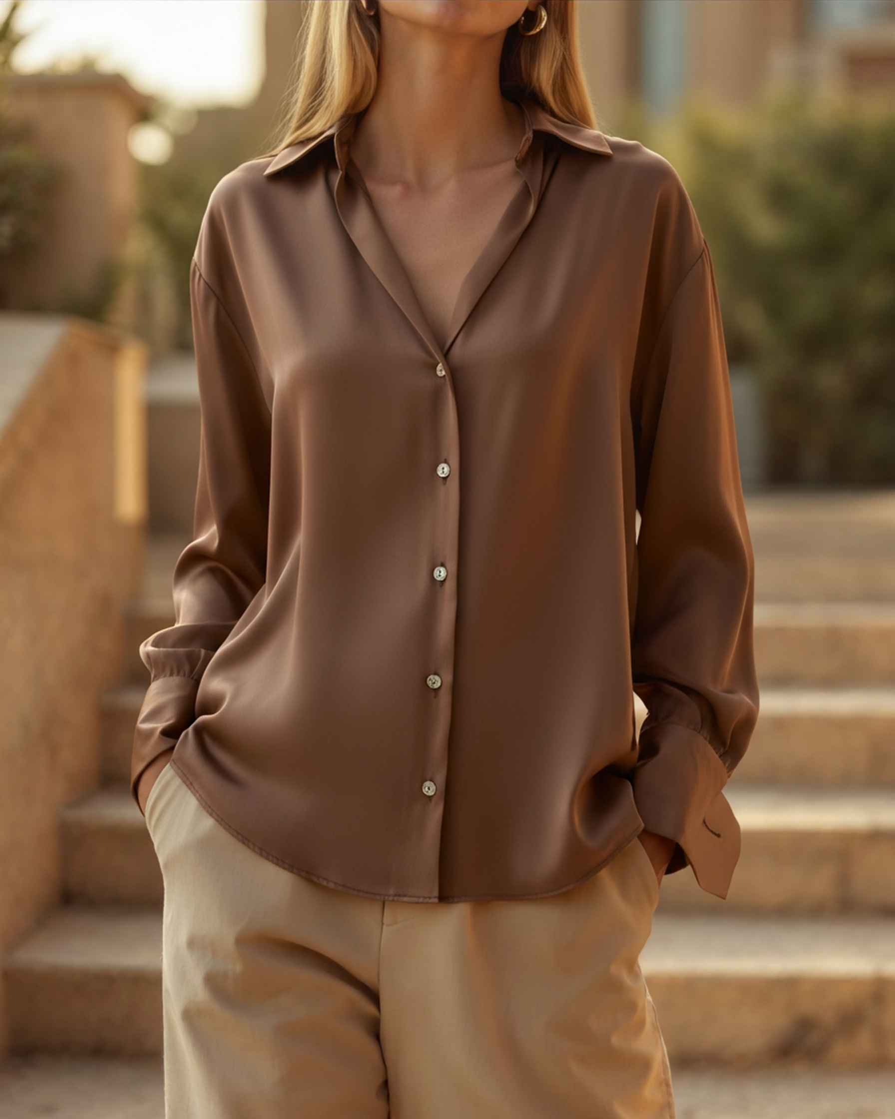 Classic Chic Shirt detail view sandy brown shirt Italian Design