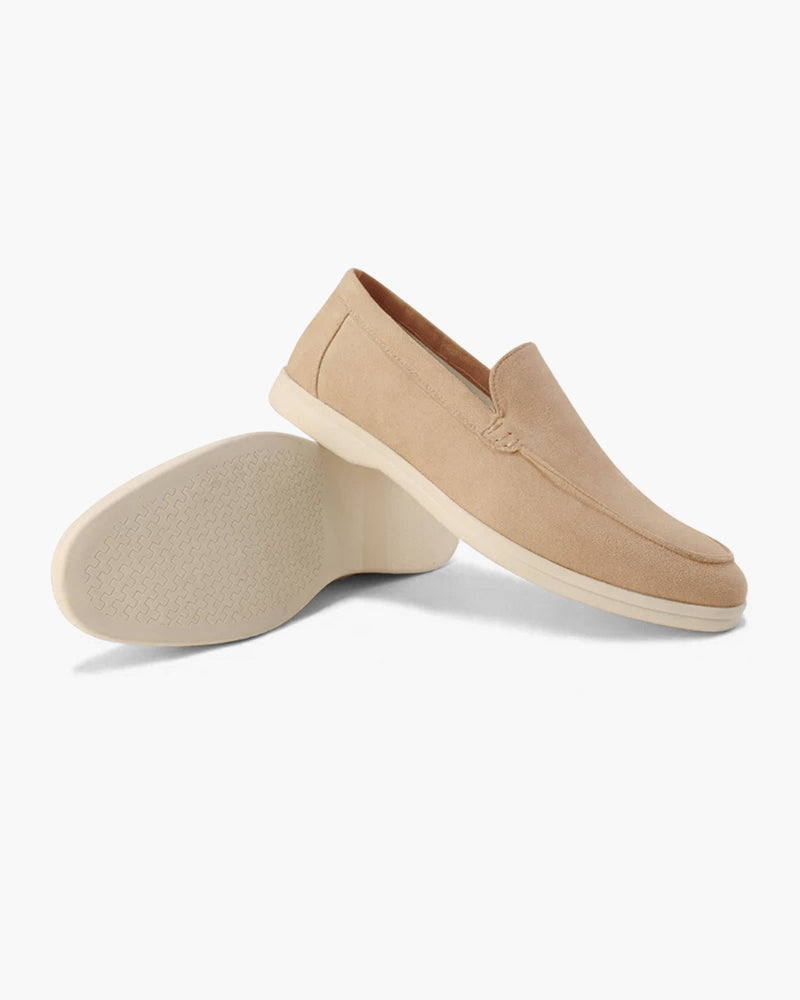 Venezia Suede Loafer front view beige suede gold accent stitching detail