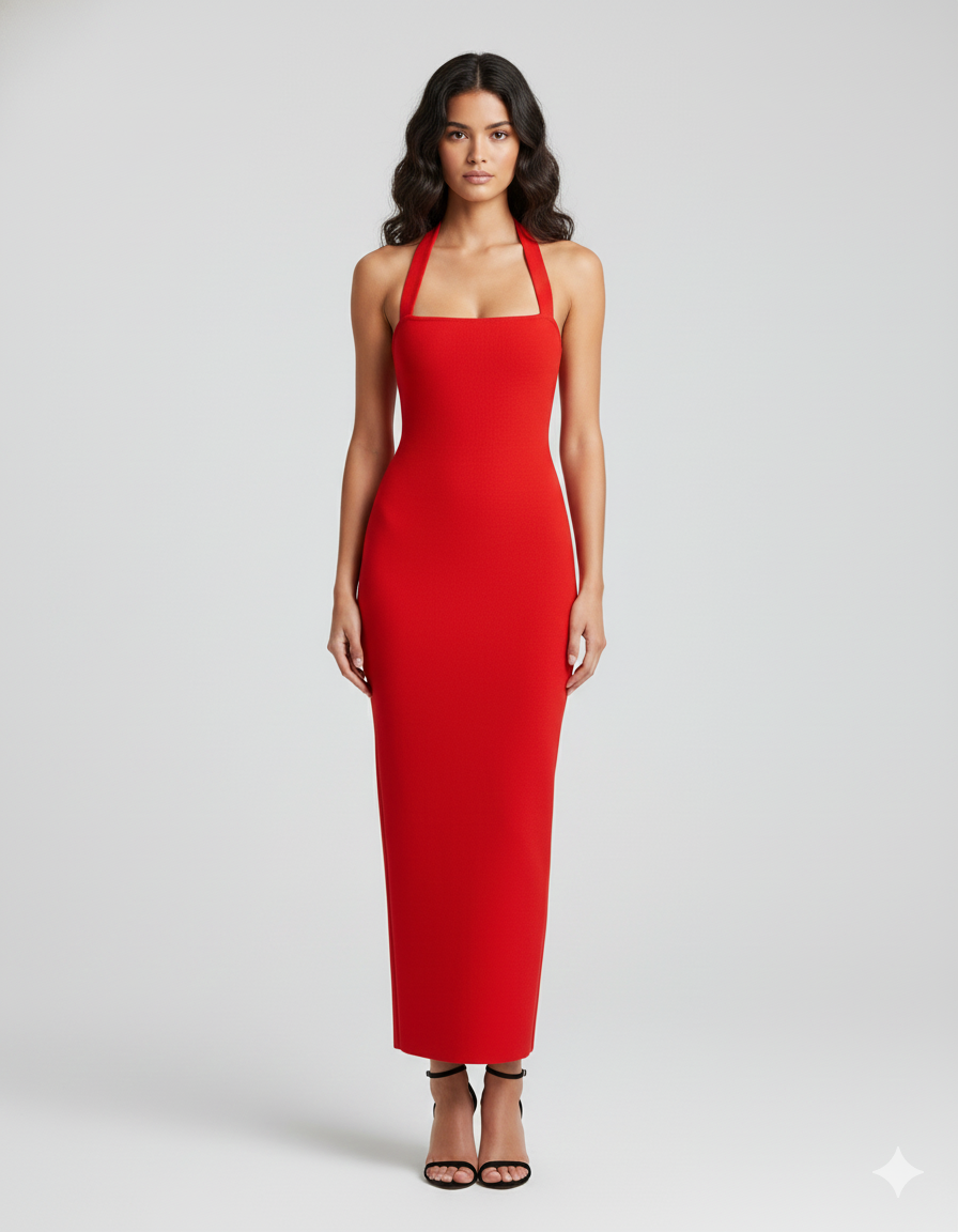Halter Neck Slim Fit Maxi Dress front view black dress Italian Design