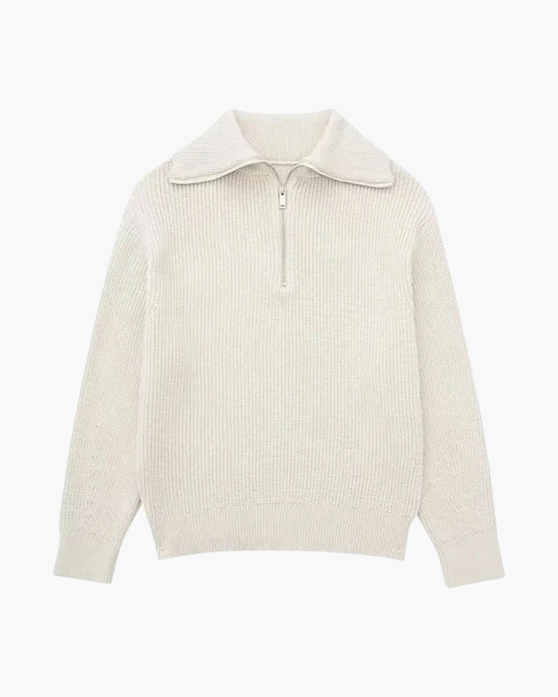 Striped Zip Up Sweater editorial view navy striped knitwear Italian Design